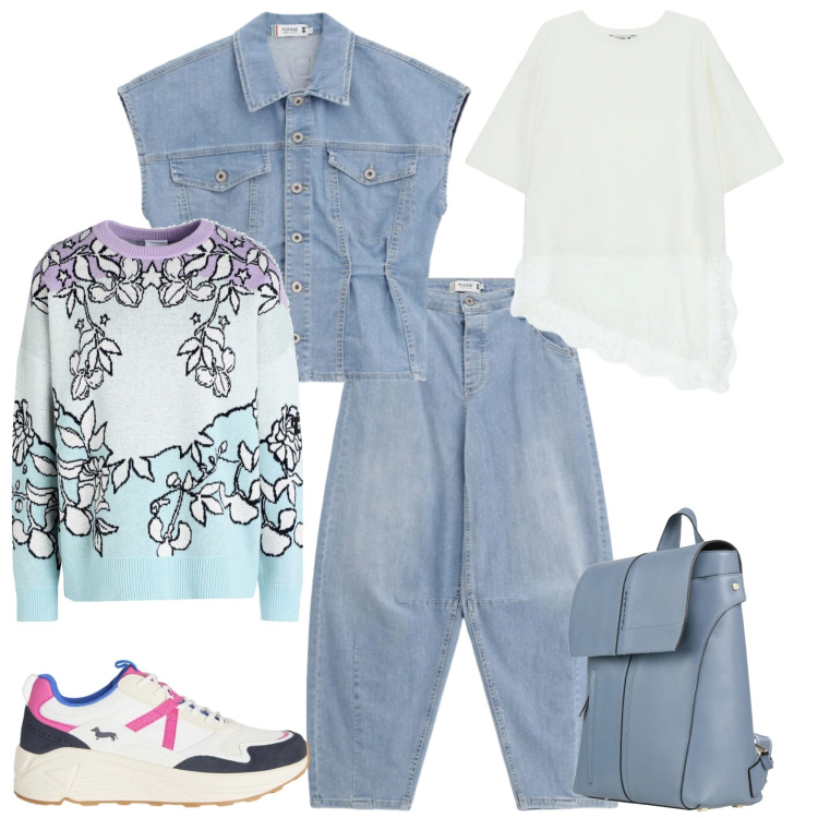 Outfit donna - Denim nuova, stagione. Stile Casual per Tutti i giorni. Abbinamento con zaini, pullovers, sneakers, top, gilet, jeans.