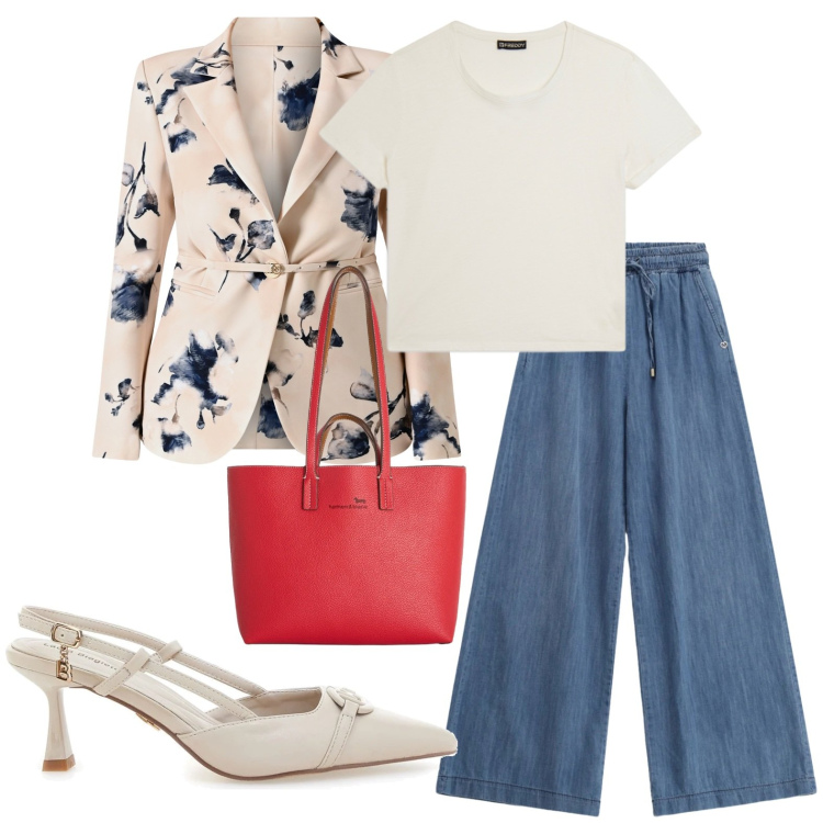 Outfit donna - Borsa rossa. Stile Casual chic per Ufficio. Abbinamento con shopping bag, jeans, t-shirt, blazer, décolleté.