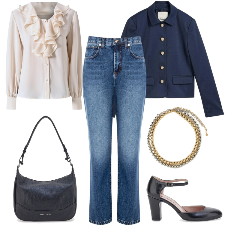 Outfit donna - Total look #2350533. Stile Casual chic per Ufficio. Abbinamento con blazer, collane, jeans boyfriend, bluse, décolleté, borse a tracolla.