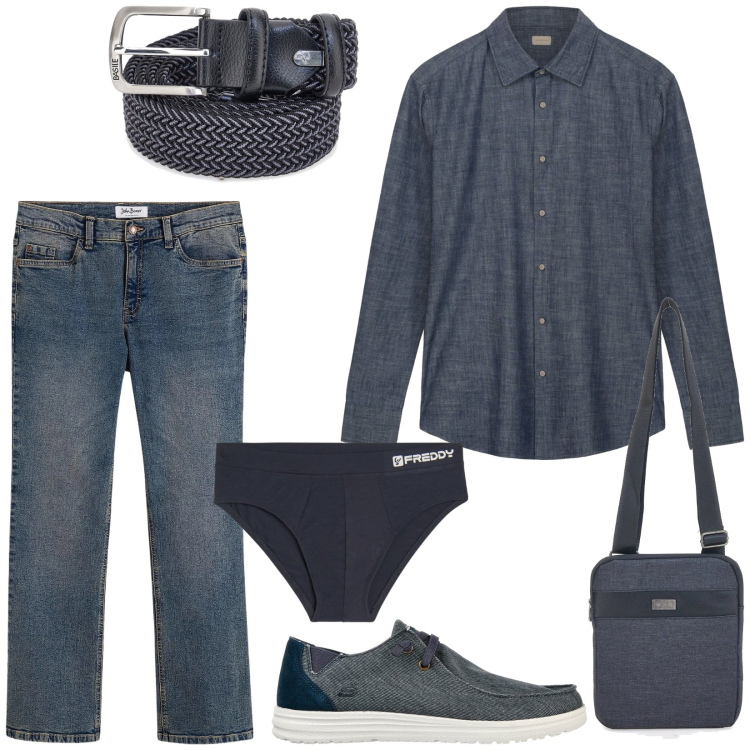Outfit uomo - Blu denim. Stile Casual per Tutti i giorni. Abbinamento con jeans bootcut, slip, borse sportive, camicie, cinture, sneakers.
