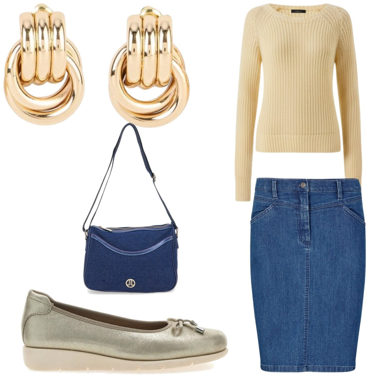 Outfit donna - Il denim a primavera. Stile Casual chic per Ufficio. Abbinamento con orecchini, gonne, maglieria, ballerine, borse a tracolla.