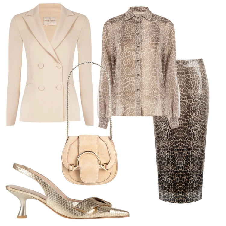 Outfit donna - Savana in città. Stile Glamour per Serata fuori. Abbinamento con marsupi, décolleté, camicie, blazer, gonne longuette.