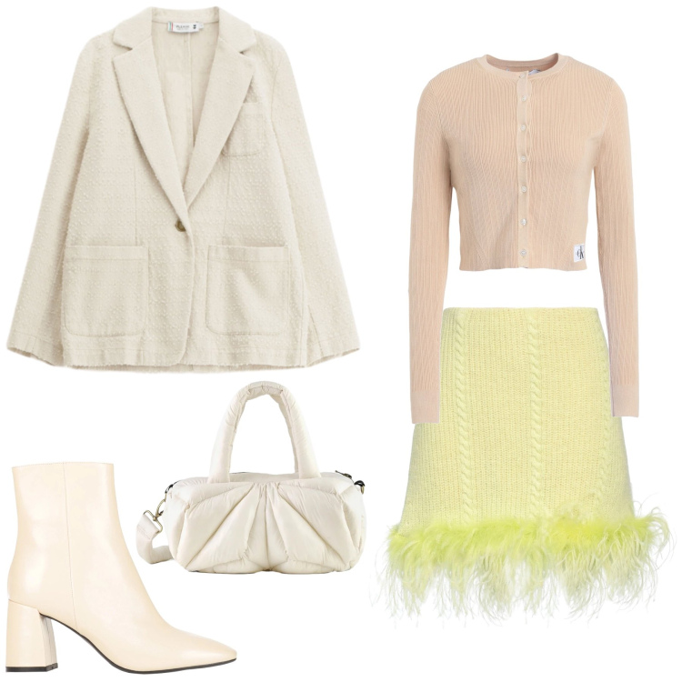 Outfit donna - Pastel Plumage Sophistication. Stile Glamour per Serata fuori. Abbinamento con minigonne, cardigans, stivaletti, blazer, borse a mano.