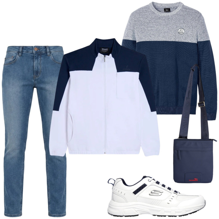 Outfit uomo - Total look #2350543. Stile Casual per Tutti i giorni. Abbinamento con t-shirt sportive, jeans, borse sportive, felpe, sneakers.
