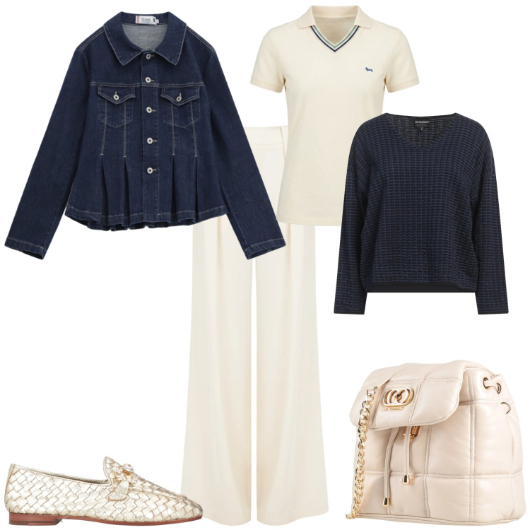 Outfit donna - Trendy tempo libero week end al mare. Stile Trendy per Mare. Abbinamento con pullovers, valigie, mocassini, polo, blazer, pantaloni a palazzo.