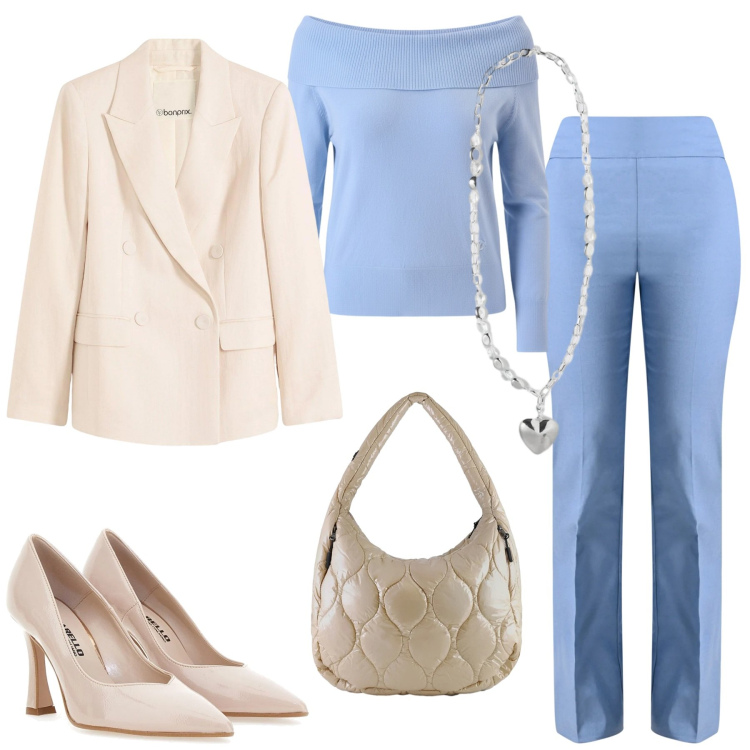 Outfit donna - Colore pastello in primavera. Stile Casual chic per Tutti i giorni. Abbinamento con blazer, collane, pantaloni, pullovers, borse tote, décolleté.