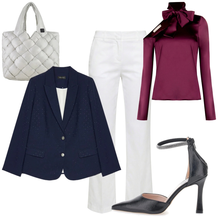 Outfit donna - Primavera alle porte. Stile Casual chic per Tutti i giorni. Abbinamento con pantaloni, blazer, bluse, borse tote, décolleté.