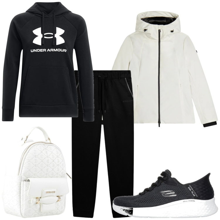 Outfit donna - Ginnica nelle giornate fresche. Stile Sporty chic per Tutti i giorni. Abbinamento con zaini, bomber, pantaloni, sneakers, felpe con cappuccio.