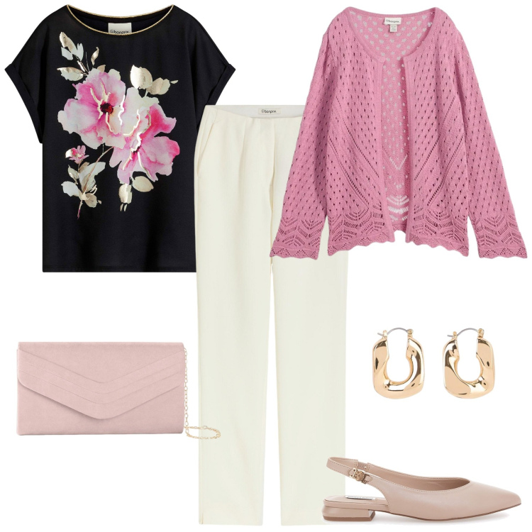 Outfit donna - Vado a trovar la nonna. Stile Romantica per Tutti i giorni. Abbinamento con pochette, bluse, pantaloni, cardigans, orecchini, ballerine.