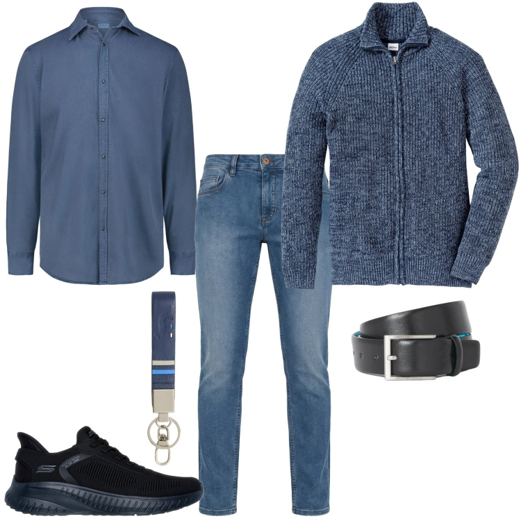 Outfit uomo - Idea look quotidiani. Stile Casual per Tutti i giorni. Abbinamento con cardigans, jeans, portachiavi, cinture, camicie, sneakers.