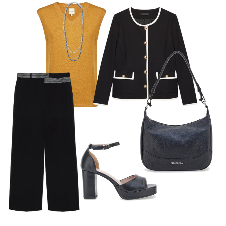 Outfit donna - Di sera. per Serata fuori. Abbinamento con blazer, pantaloni, collane, maglieria, décolleté, borse a tracolla.