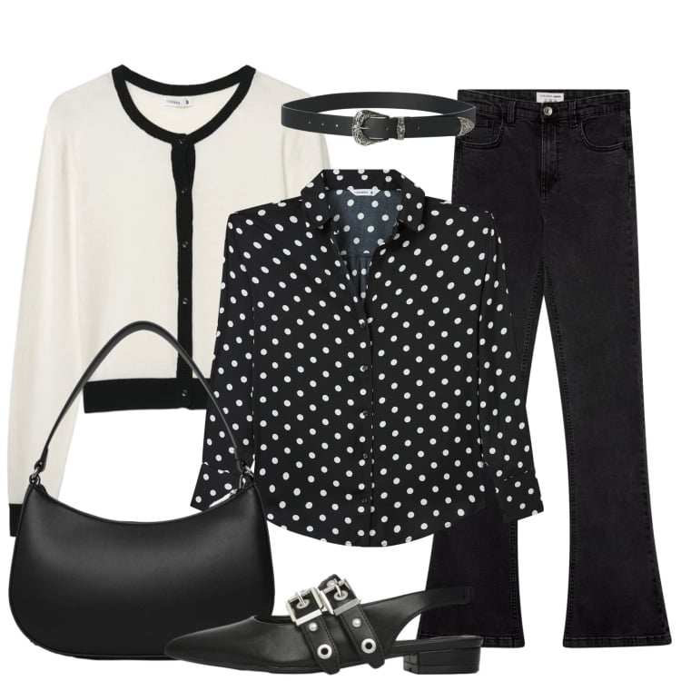 Outfit donna - Contrasti black and white. Stile Casual chic per Tutti i giorni. Abbinamento con camicie, cardigans, ballerine, cinture, borse a tracolla, jeans a zampa.