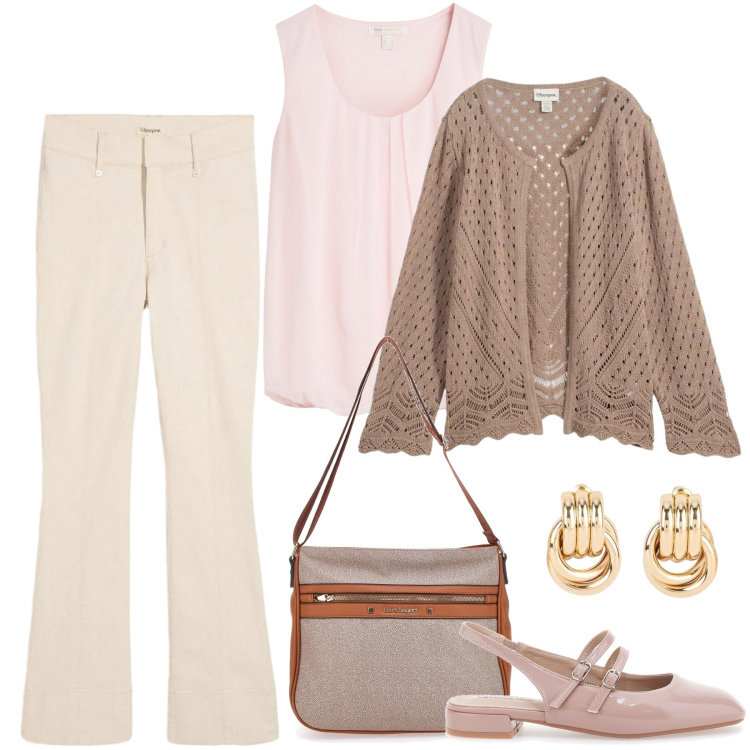 Outfit donna - Total look #2350565. Stile Casual chic per Tutti i giorni. Abbinamento con cardigans, top, orecchini, jeans bootcut, ballerine, borse a tracolla.