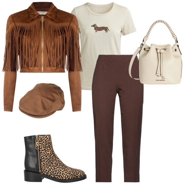 Outfit donna - Marzo. Stile Trendy per Tutti i giorni. Abbinamento con cappelli, stivaletti, pantaloni, borse a secchiello, t-shirt, giacche.