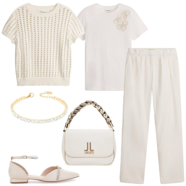 Outfit donna - Domenica pomeriggio. Stile Bon Ton per Cerimonia. Abbinamento con pantaloni, maglieria, bluse, braccialetti, ballerine, borse a tracolla.