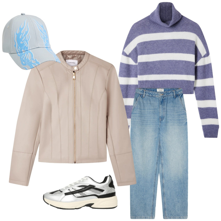 Outfit donna - Assaggi di primavera. Stile Casual per Tutti i giorni. Abbinamento con cappelli, maglieria, sneakers, giacche, jeans.