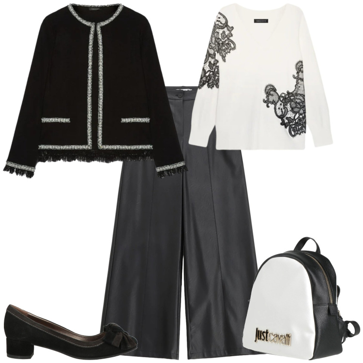 Outfit donna - Chic serata evento speciale. Stile Chic per Serata fuori. Abbinamento con zaini, décolleté, maglieria, cardigans, pantaloni.