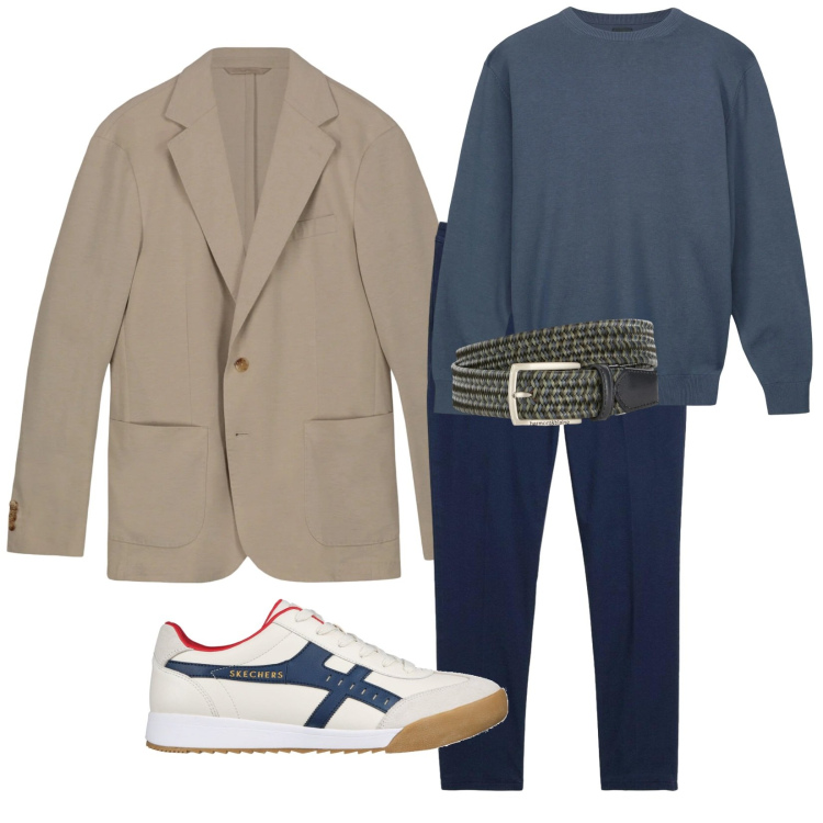 Outfit uomo - Marzo leggero. Stile Trendy per Mare. Abbinamento con pantaloni chino, cinture, maglieria, giacche, sneakers.