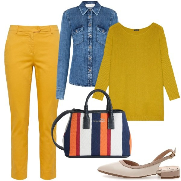 Outfit donna - Marzo. Stile Casual per Tutti i giorni. Abbinamento con pantaloni, shopping bag, maglieria, camicie, ballerine.