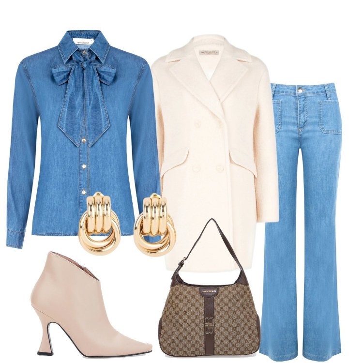 Outfit donna - Demin. Stile Casual chic per Ufficio. Abbinamento con orecchini, jeans, cappotti, camicie, stivaletti, borse a spalla.