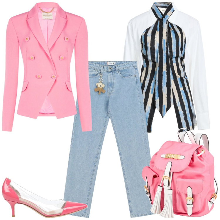 Outfit donna - Gorpcore Metropolitano. Stile Casual per Tutti i giorni. Abbinamento con top, camicie, zaini, décolleté, jeans dritti, blazer.