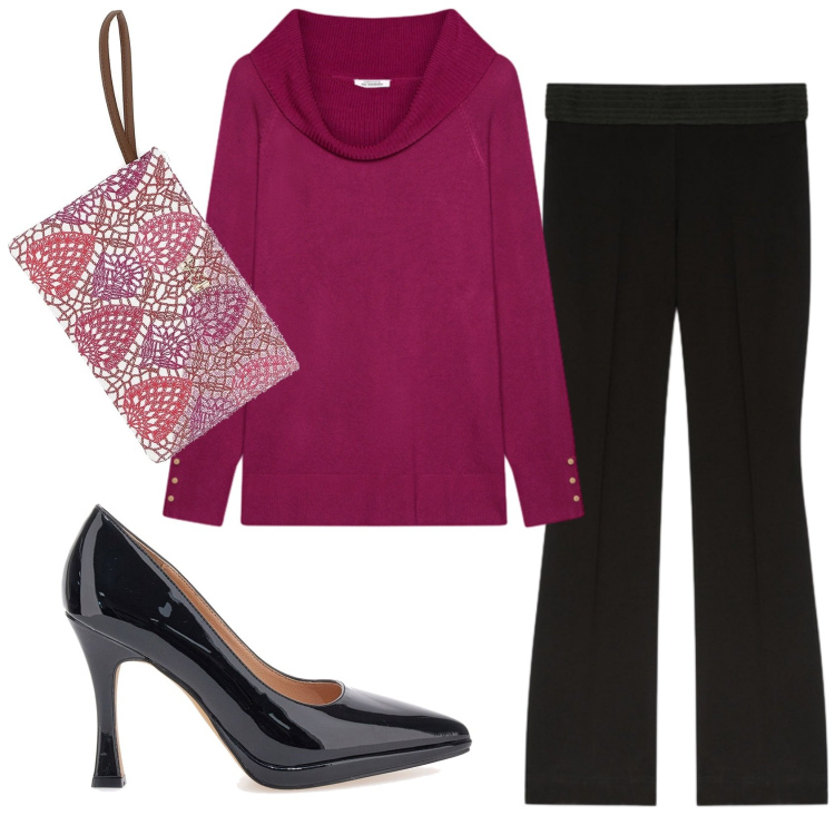 Outfit donna - Total look #2350595. Stile Glamour per Serata fuori. Abbinamento con pantaloni, maglieria, pochette, décolleté.