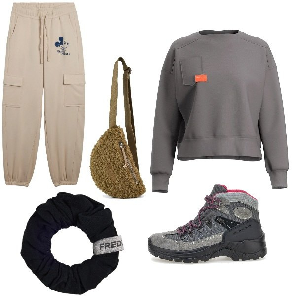 Outfit donna - Total look #2350596. Stile Urban per Tutti i giorni. Abbinamento con pantaloni cargo, accessori per capelli, marsupi, felpe, scarpe sportive.