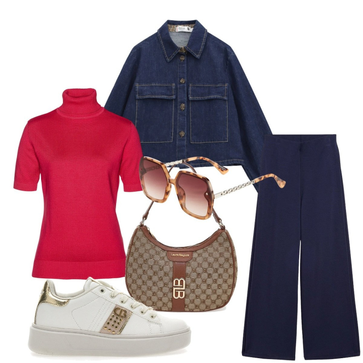 Outfit donna - Demin. Stile Basic per Tutti i giorni. Abbinamento con pantaloni, maglieria, occhiali da sole, blazer, sneakers, borse a spalla.