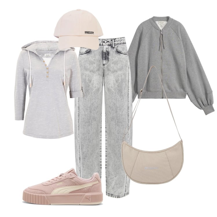 Outfit donna - Un nuovo bomber. Stile Urban per Tutti i giorni. Abbinamento con bomber, maglieria, jeans, borse a spalla, cappelli con visiera, sneakers.