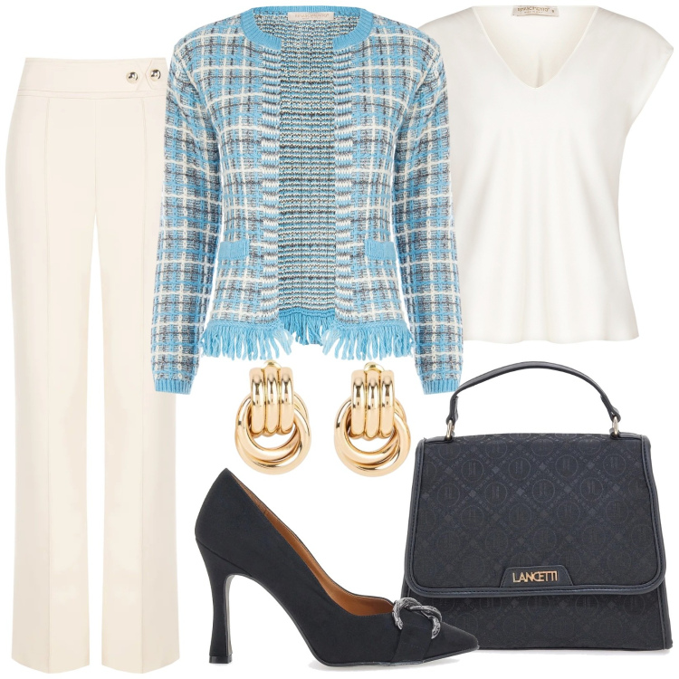 Outfit donna - Total look #2350600. Stile Bon Ton per Ufficio. Abbinamento con orecchini, blazer, pantaloni, bluse, décolleté, borse a spalla.