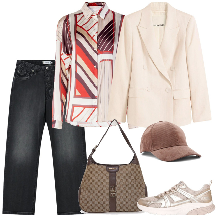 Outfit donna - Trend. Stile Trendy per Tutti i giorni. Abbinamento con blazer, jeans dritti, camicie, cappelli con visiera, sneakers, borse a spalla.