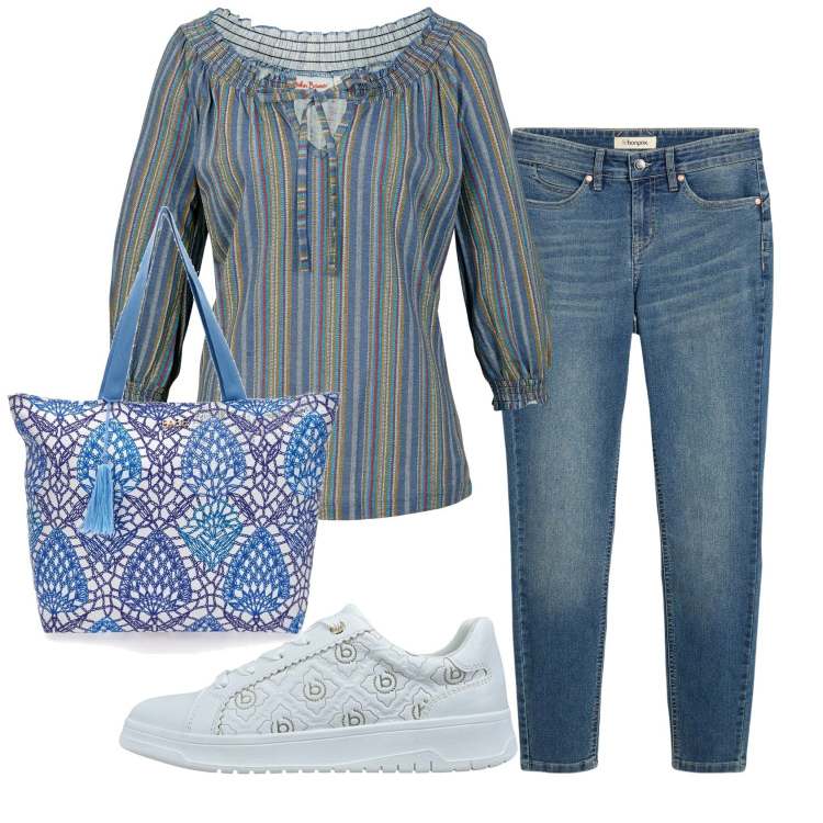 Outfit donna - Total look #2350603. Stile Basic per Tutti i giorni. Abbinamento con maglieria, jeans skinny, shopping bag, sneakers.