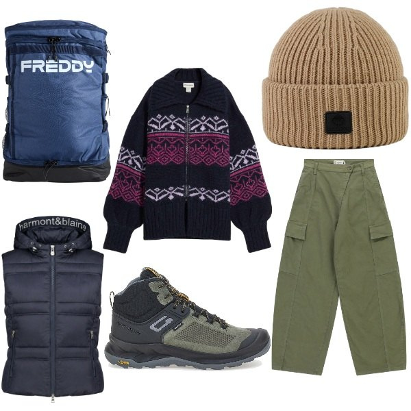 Outfit donna - Total look #2350604. Stile Urban per Tutti i giorni. Abbinamento con cardigans, piumini, zaini, pantaloni cargo, berretti, scarpe sportive.