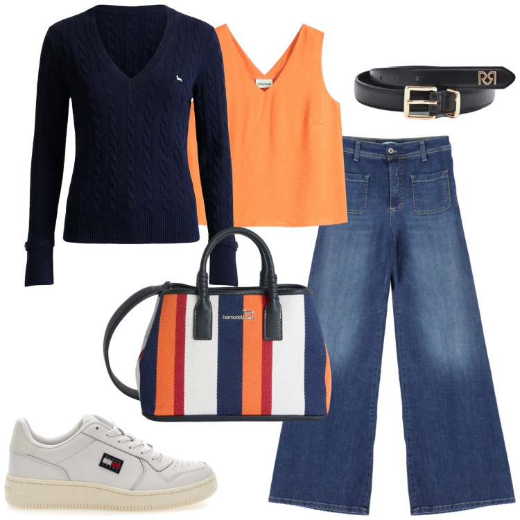 Outfit donna - Marzo. Stile Casual chic per Tutti i giorni. Abbinamento con top, pullovers, shopping bag, jeans, cinture, sneakers.
