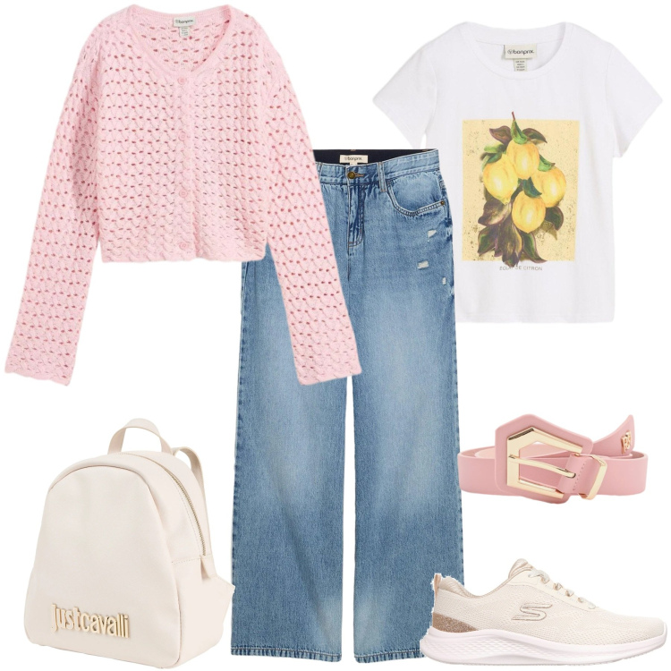 Outfit donna - Total look #2350609. Stile Casual chic per Tutti i giorni. Abbinamento con zaini, jeans, cardigans, t-shirt, cinture, sneakers.