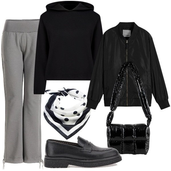 Outfit donna - Un po\' di relax. Stile Casual per Tutti i giorni. Abbinamento con bomber, foulard, borse a spalla, pantaloni, maglieria, mocassini.