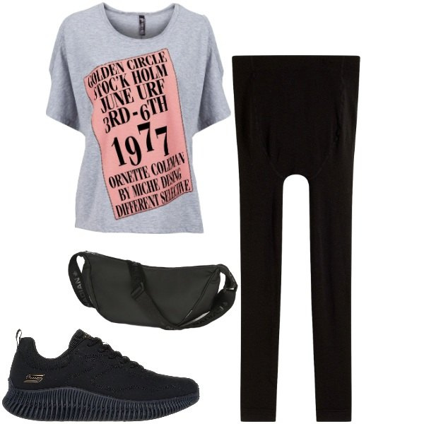 Outfit donna - Un po\' di relax. Stile Sporty chic per Tutti i giorni. Abbinamento con maglieria, leggings, marsupi, sneakers.