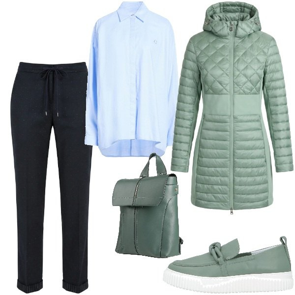 Outfit donna - Total look #2350621. Stile Sporty chic per Tutti i giorni. Abbinamento con mocassini, camicie, zaini, piumini, pantaloni.