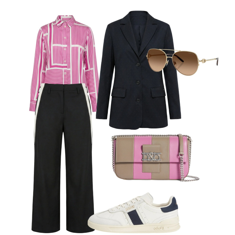 Outfit donna - Spring think. Stile Casual chic per Tutti i giorni. Abbinamento con borse a spalla, blazer, pantaloni, camicie, occhiali da sole, sneakers.