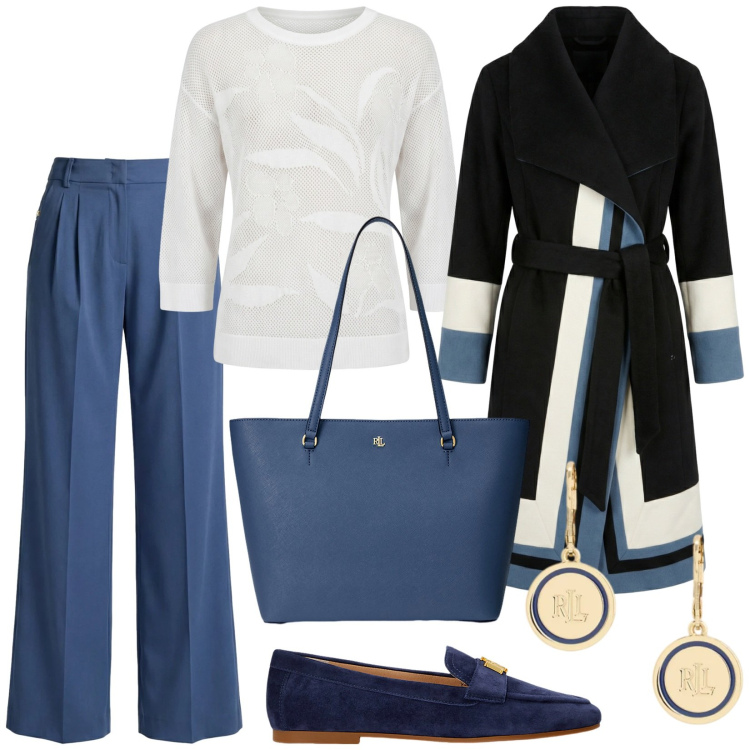 Outfit donna - Total look #2350623. Stile Bon Ton per Ufficio. Abbinamento con pantaloni, cappotti, maglieria, borse tote, mocassini, orecchini.