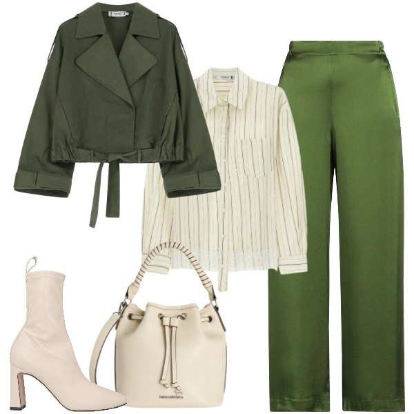Outfit donna - Verde e panna. Stile Urban per Tutti i giorni. Abbinamento con stivaletti, pantaloni, borse a secchiello, parka, camicie.