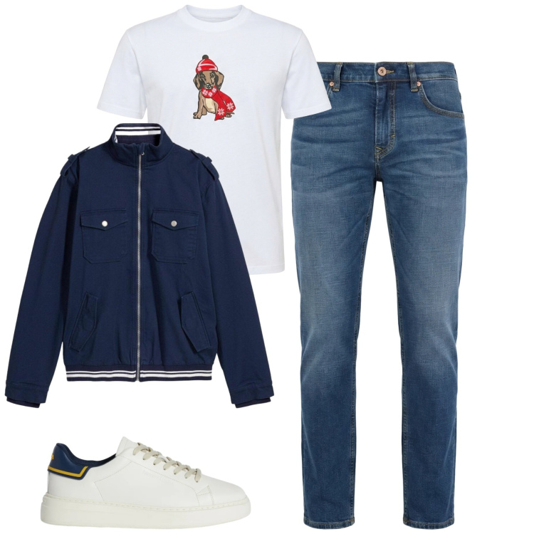 Outfit uomo - Marzo. Stile Urban per Tutti i giorni. Abbinamento con giacche, sneakers, t-shirt, jeans.