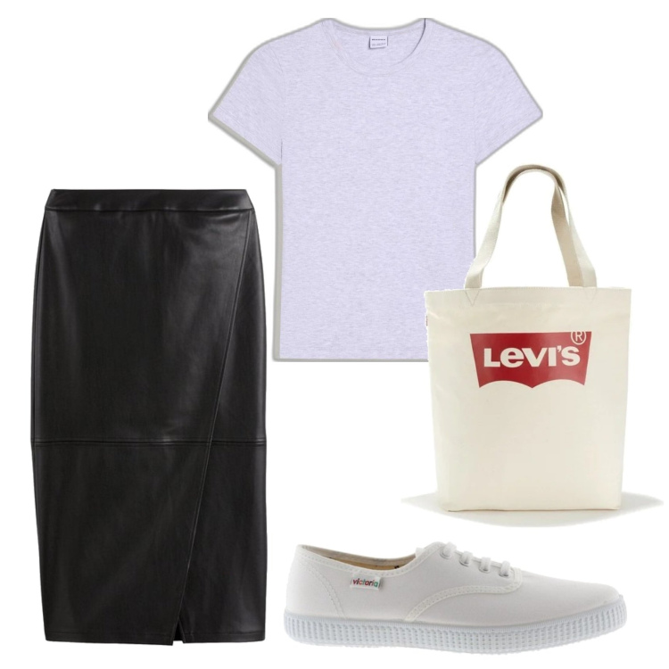 Outfit mujer - Urban look. Estilo Urban para Todos los días. Combinación con bolso tote, sneakers, faldas largas, camiseta.