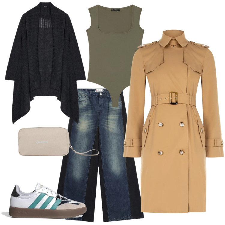 Outfit donna - Comodità. Stile Casual chic per Tutti i giorni. Abbinamento con cardigans, valigie, body, jeans a zampa, trench, sneakers.