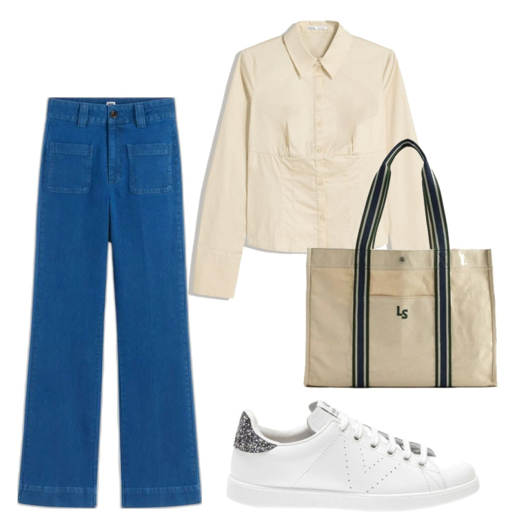 Outfit mujer - Urban look. Estilo Urban para Todos los días. Combinación con sneakers, camisas, bolso tote, vaqueros bootcut.