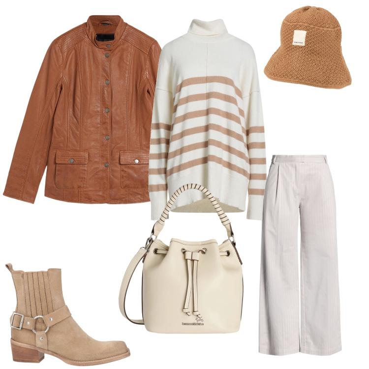 Outfit donna - Caramel Latte Cozy-Chic. Stile Casual chic per Tutti i giorni. Abbinamento con maglieria, pantaloni, cappelli, stivaletti texani, blazer, borse a secchiello.