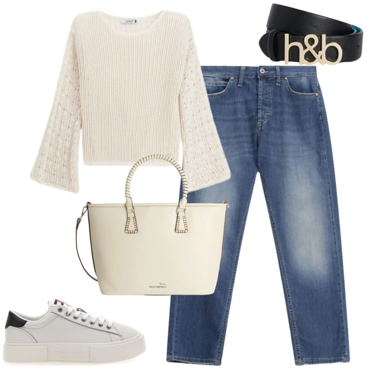 Outfit donna - City. Stile Casual chic per Tutti i giorni. Abbinamento con shopping bag, cinture, maglieria, jeans dritti, sneakers.