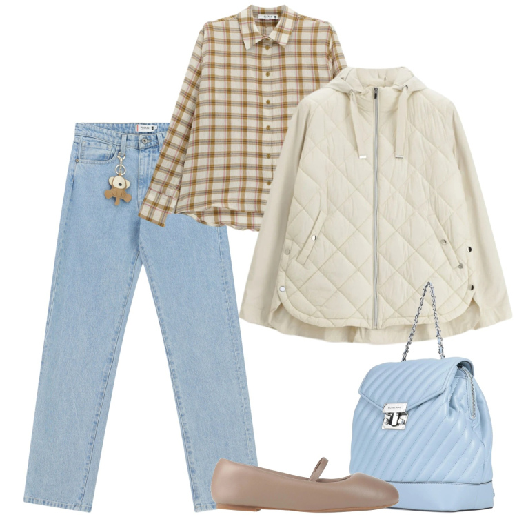 Outfit donna - Marzo. Stile Casual chic per Tutti i giorni. Abbinamento con zaini, ballerine, giacche, camicie, jeans dritti.