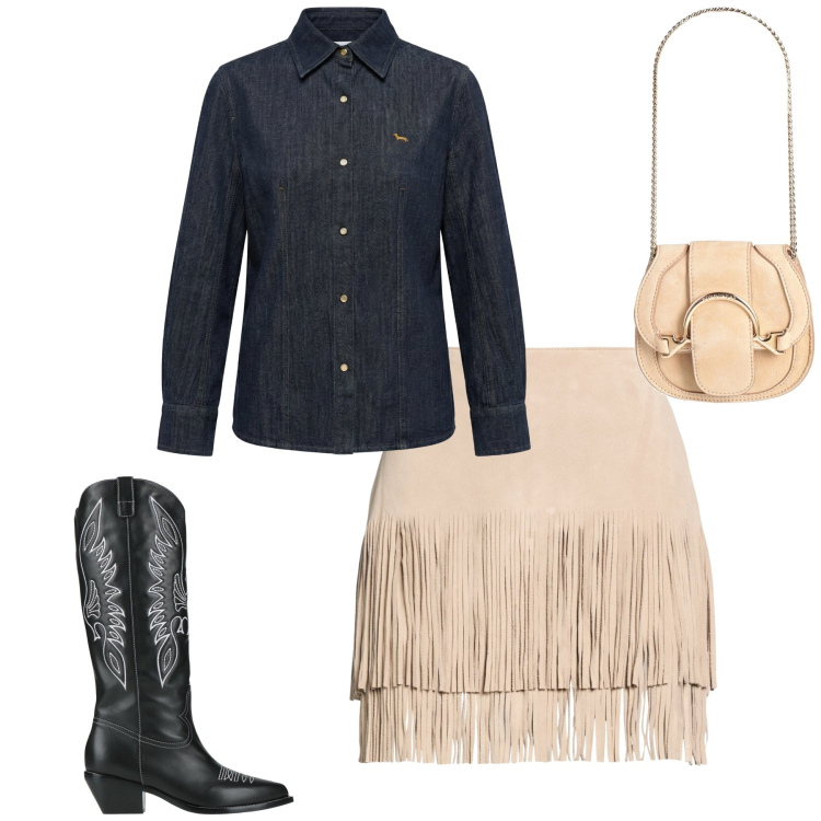 Outfit donna - City. Stile Rock per Tutti i giorni. Abbinamento con marsupi, minigonne, stivali, camicie.