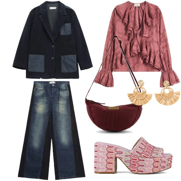 Outfit donna - romantica boho. Stile Boho per Tutti i giorni. Abbinamento con bluse, orecchini, jeans a zampa, blazer, sabot, borse a tracolla.